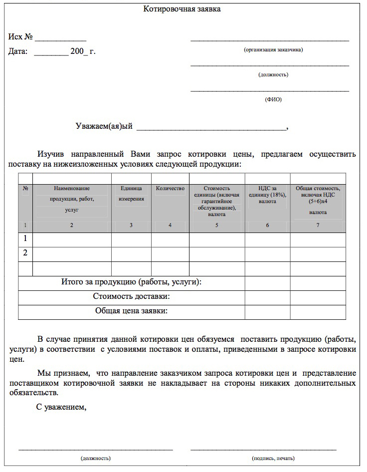 Образец запрос о коммерческом предложении образец