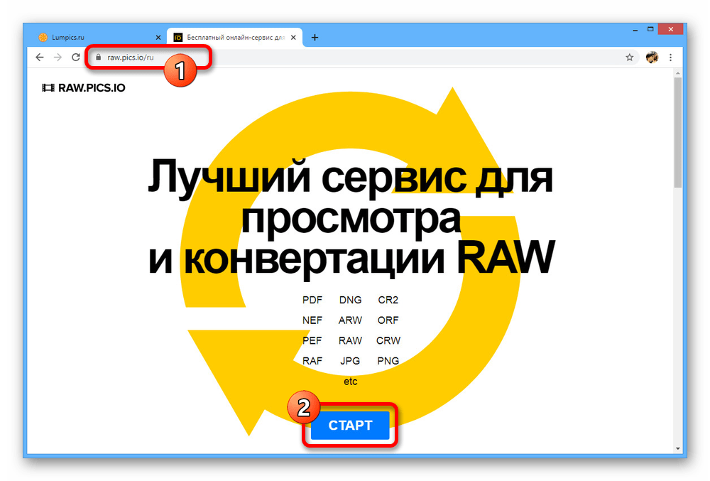 Переход к онлайн-сервису RAW.PICS.IO в браузере