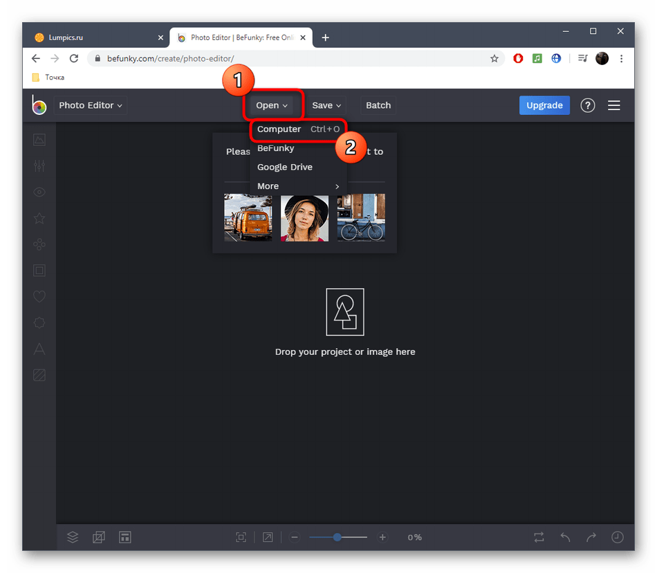 Переход к открытию фотографии для реставрации через онлайн-сервис BeFunky