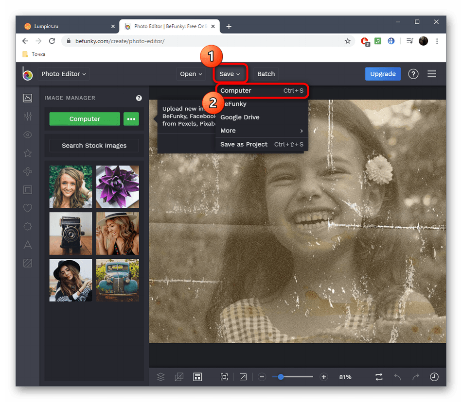 Переход к сохранению фотографии после реставрации в онлайн-сервисе BeFunky