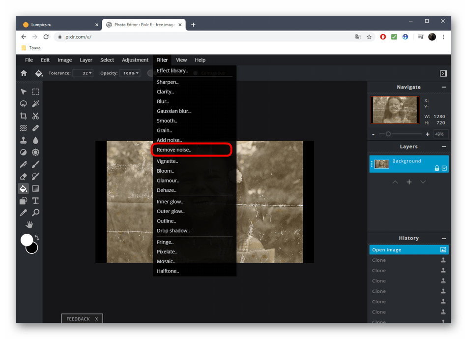 Выбор эффекта для удаления шума при реставрации фотографии через онлайн-сервис PIXLR