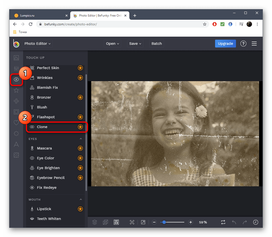 Выбор инструмента для клонирования элементов фотографии в онлайн-сервисе BeFunky