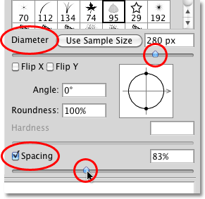 Adjusting the brush diameter and spacing in the Brushes panel in Photoshop. 