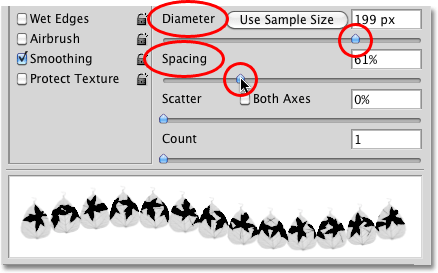 The Diameter and Spacing options in the Dual Brush section of the Brushes panel in Photoshop. 