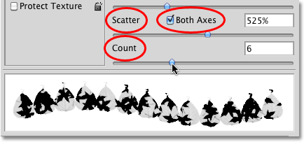 The Scatter and Count options in the Dual Brush section of the Brushes panel in Photoshop. 