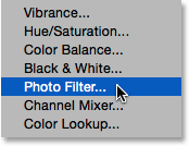 Choosing a Photo Filter adjustment layer. 