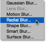 Choosing the Radial Blur filter in Photoshop. 