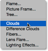 Choosing the Render Clouds filter. 