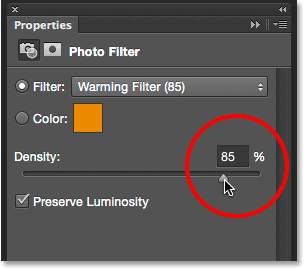 Choosing the Warming Filter (85) and increasing the Density for the Photo Filter. 