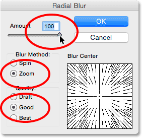 The Blur Method, Quality and Amount options in the Radial Blur dialog box. 