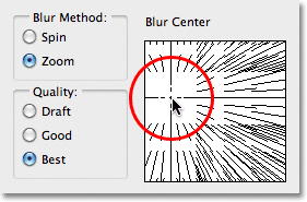 Dragging the blur center option in the Radial Blur dialog box.