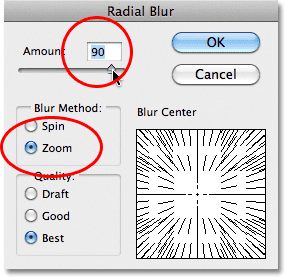 Photoshop Radial Blur dialog box.