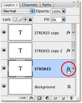 The Layer Effects icon in the Layers palette in Photoshop. Image © 2008 Photoshop Essentials.com