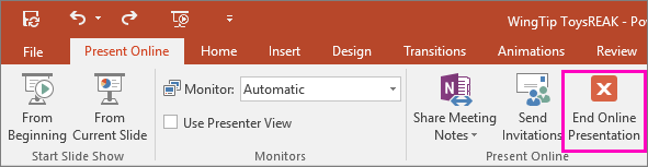 Shows End Online Presentation button in PowerPoint