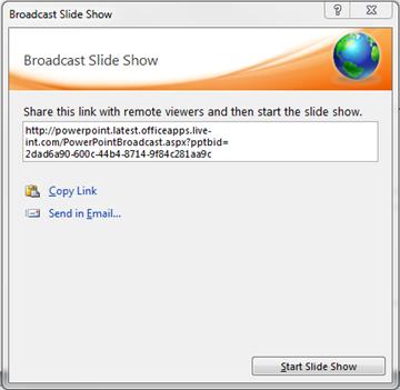 The Broadcast Slide Show dialog box with a URL for a slide show.