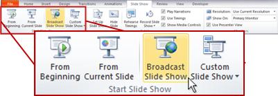 Broadcast SlideShow, in the Start Slide Show group, on the Slide Show tab in PowerPoint 2010.