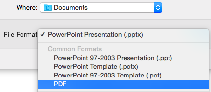 Shows the PDF option in the File Formats list in the Save As dialog in PowerPoint 2016 for Mac.