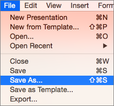 Shows the File > Save As Menu in PowerPoint 2016 for Mac.