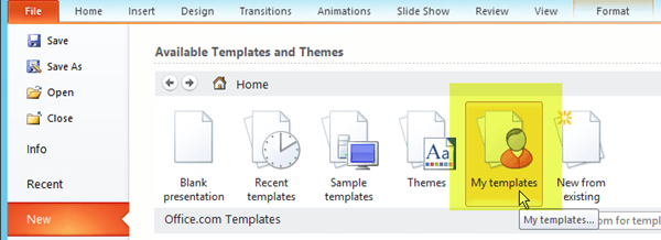 On the File tab of the ribbon, select New, then select the My Templates  button.