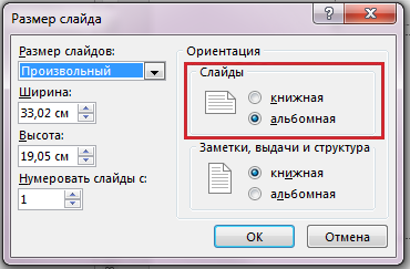 В диалоговом окне "Размер слайда" можно изменить ориентацию слайдов на книжную или альбомную.