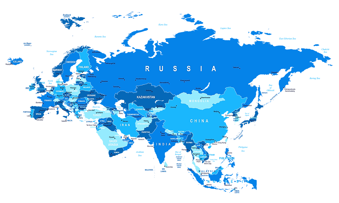 Карта евразийского континента со странами крупно на русском